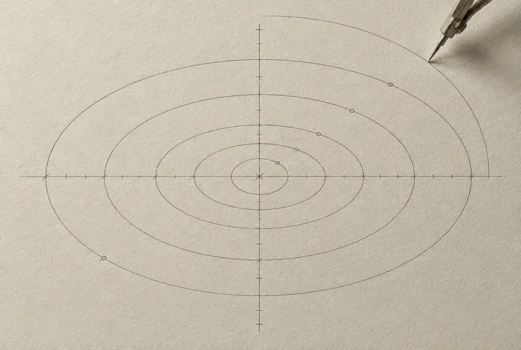 Orbit ellipses drawn in pencil on drafting paper